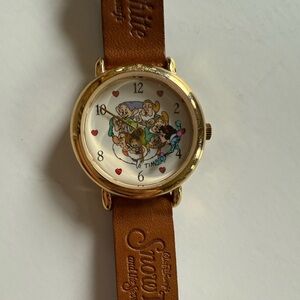 Snow White Brown Leather Strap Watch with Gold Accents